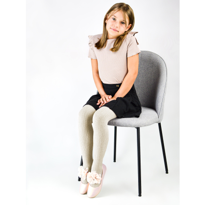 Rajstopy dziecięce bawełniane z brokatem  NOVITI  - PRĄŻKI - Beżowe